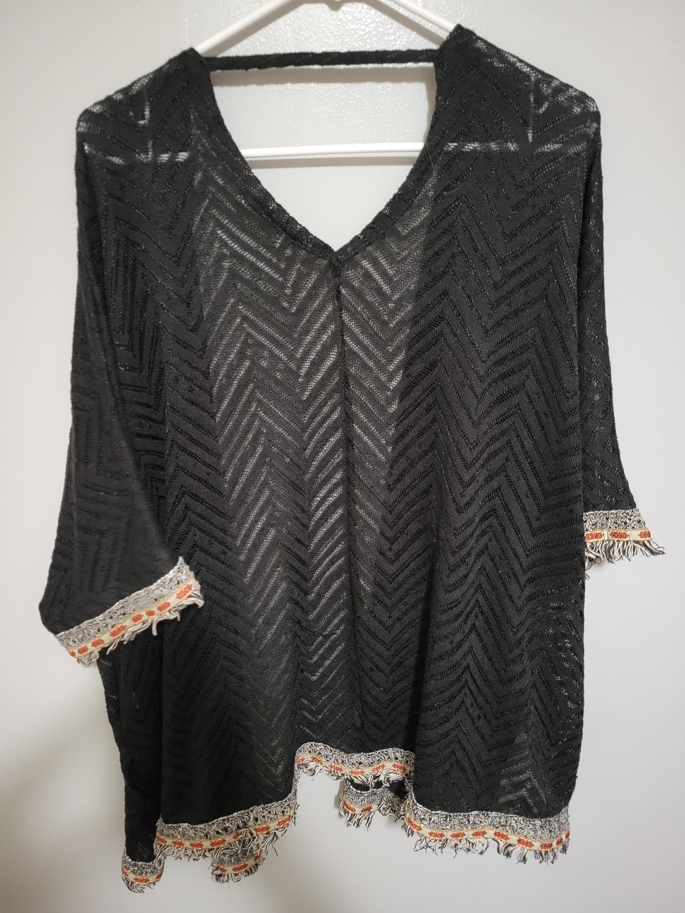 Cato Black Boho Style Kimono With Colorful Stitching on Trim- 2X- EUC